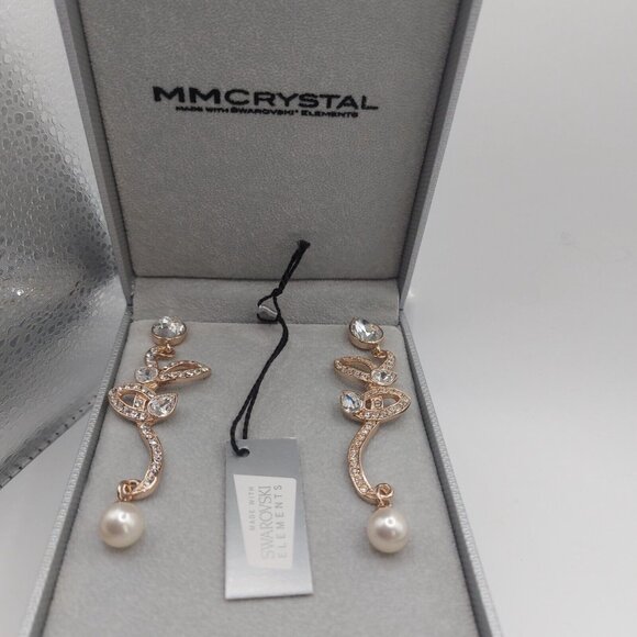 Gorgeous Swarovski Crystal Pearl Dangle Earrings 3.5" Drop New in Box Stunning - Picture 8 of 11
